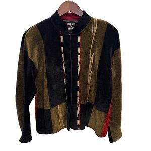 Mina‎ Norton Vintage Chenille Open Front Cardigan Black Olive Red Colorblock